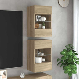 Berkfield Durable Tv Wall Cabinets With Led Lights 2 Pcs Sonoma Oak 40X30X60.5 Cm - thumbnail 2
