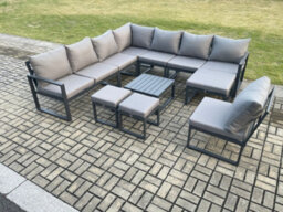 Fimous 11 Seater Patio Outdoor Garden Furniture Aluminium Lounge Corner Sofa Set With Square Coffee Table 3 Footstools - thumbnail 1
