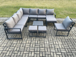 Fimous 11 Seater Patio Outdoor Garden Furniture Aluminium Lounge Corner Sofa Set With Square Coffee Table 3 Footstools - thumbnail 2