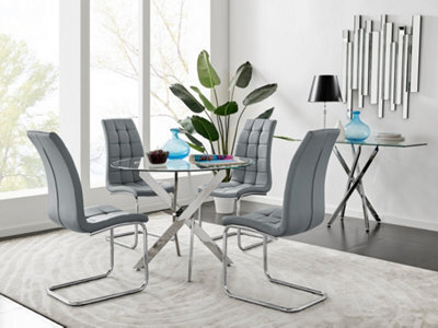 Furniturebox Uk Novara Chrome Metal Round Glass Dining Table And 4 Elephant Grey Murano Dining Chairs - image 1