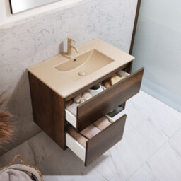 Homestylestore Dark Oak 812mm Wall Hung Bathroom Vanity Unit Led Lit Open Shelf And Sand Basin - thumbnail 2