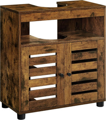 LEDREM Bathroom Cabinet With Adjustable Shelf, Storage Unit With 2 Louvred Doors, For Pedestal Sinks, Brown - image 1
