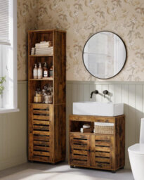 LEDREM Bathroom Cabinet With Adjustable Shelf, Storage Unit With 2 Louvred Doors, For Pedestal Sinks, Brown - thumbnail 2