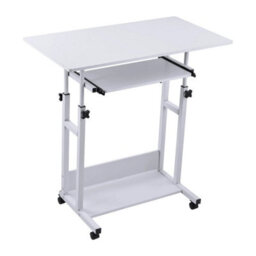 White Adjustable Height Mobile Computer Laptop Desk Overbed Table On Wheels - thumbnail 3