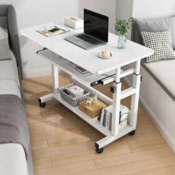 White Adjustable Height Mobile Computer Laptop Desk Overbed Table On Wheels - thumbnail 1