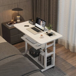 White Adjustable Height Mobile Computer Laptop Desk Overbed Table On Wheels - thumbnail 4