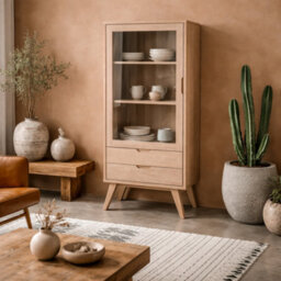 Wyld Haus Kotka White Oak Display Cabinet With Tempered Glass Door, 2 Drawers And 2 Adjustable Shelves - thumbnail 1