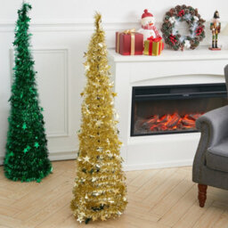Living And Home 4Ft Gold Slim Pop Up Tinsel Christmas Tree Collapsible Xmas Tree With Base And Stars - thumbnail 2