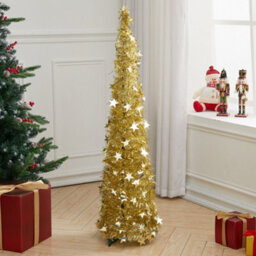 Living And Home 4Ft Gold Slim Pop Up Tinsel Christmas Tree Collapsible Xmas Tree With Base And Stars
