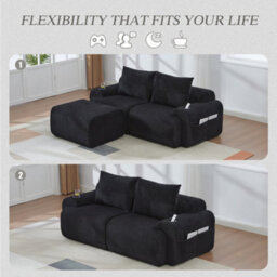 Btm Modular 2 Seater Corduroy Sofa With Ottomans, Configurable Sofa Set With Cup Holders  And Side Storage Pockets, Black - thumbnail 4