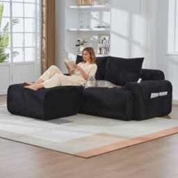 Btm Modular 2 Seater Corduroy Sofa With Ottomans, Configurable Sofa Set With Cup Holders  And Side Storage Pockets, Black