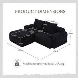 Btm Modular 2 Seater Corduroy Sofa With Ottomans, Configurable Sofa Set With Cup Holders  And Side Storage Pockets, Black - thumbnail 2