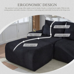 Btm Modular 2 Seater Corduroy Sofa With Ottomans, Configurable Sofa Set With Cup Holders  And Side Storage Pockets, Black - thumbnail 3