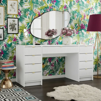 Writing Desk With Fluted Drawers Tireno Bis White Velvet Laminated Mdf Metal Handles Modern Home Office Study Furniture - image 1