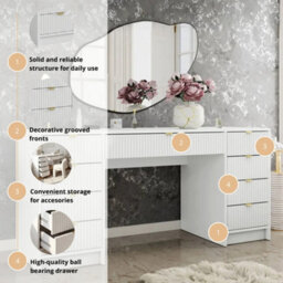 Writing Desk With Fluted Drawers Tireno Bis White Velvet Laminated Mdf Metal Handles Modern Home Office Study Furniture - thumbnail 5