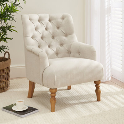 The Furniture Market Chatsworth Natural Fabric Button Upholstered Armchair Deep Buttoned Backrest Oatmeal Colour Fabric Comfortable & Supportive Seat - image 1