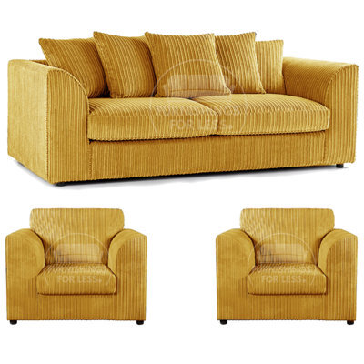 Furnishings For Less UK Luxor Jumbo Cord 3 + 1 + 1 Fabric 3 Piece Sofa Suite - Scatter Back Mustard