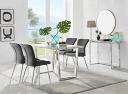 Furniturebox Uk Kylo White Marble Effect Dining Table & 4 Dark Grey Nora Silver Leg Chairs