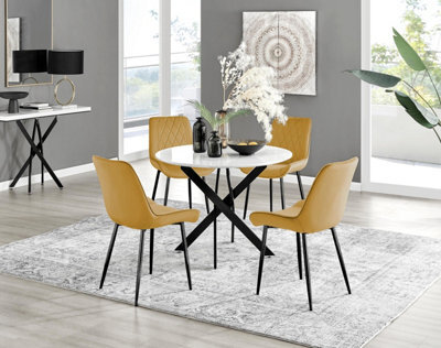 Furniturebox Uk Novara White Gloss Black Leg Round Dining Table & 4 Mustard Pesaro Black Leg Chairs - image 1