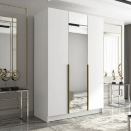 Calia Ii Minimalist Three Door Wardrobe With Mirror White With Gold Handles - thumbnail 1