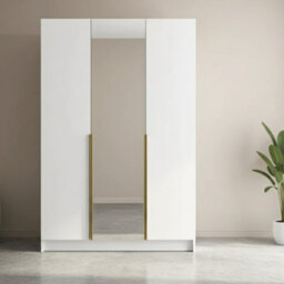 Calia Ii Minimalist Three Door Wardrobe With Mirror White With Gold Handles - thumbnail 2