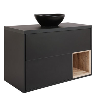 Homestylestore Black Grey 1000mm Led Lit Wall Hung Bathroom Vanity Unit With Oval Countertop Basin And Graphite Basin - image 1