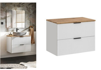 Impact Furniture Wall Hung Vanity Unit 800mm Bathroom Cabinet With Drawer Ribbed Fluted White With Oak Effect Countertop Adel - image 1