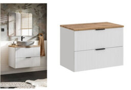 Impact Furniture Wall Hung Vanity Unit 800mm Bathroom Cabinet With Drawer Ribbed Fluted White With Oak Effect Countertop Adel - thumbnail 1