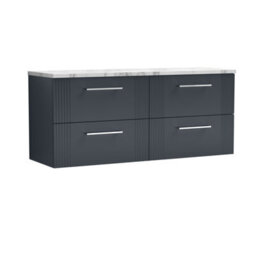 Balterley Belvide Partial Fluted 4 Drawer Wall Hung Vanity Unit With Carrera Marble Laminate Worktop - 1200mm - Satin Dark Grey - thumbnail 1