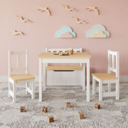 Urbn-Living Urbnliving 53Cm Height Wooden Children's Kids Toddlers Table, 2 Chairs & Toy Storage Bench Activity Set White & Oak - thumbnail 2