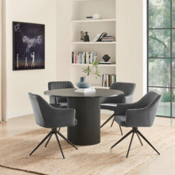 Furniturebox Uk Penrose Black Round Dining Table & 4 Grey Calla Velvet Swivel Chairs - thumbnail 1