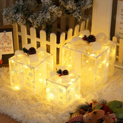 Amorly 3Pcs Lighted Christmas Gift Boxes, Battery Operated Light Up Present Boxes With Snowflake Ornaments, Festive Decor For Home Xmas - image 1