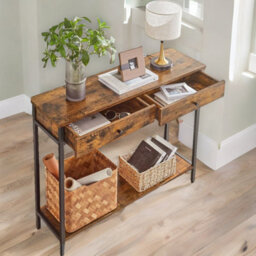 Pirlo Plush 2 Tier Slim Console Table With 2 Drawers Industrial Rustic Brown Furniture - thumbnail 7