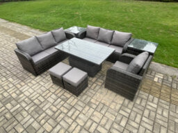 Fimous Pe Rattan Outdoor Garden Furniture Sets Height Adjustable Rising Lifting Dining Table Sofa Set With Reclining Chair - thumbnail 2