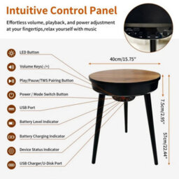 Walnut & Black Bluetooth Speaker End Table Round Accent Table Led Light Nightstand - thumbnail 2