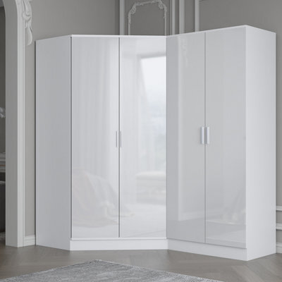 Reflect 2Pc Wardrobe Bundle - 2 Door Corner + 2 Door Plain - White Gloss & Matt White - H: 180Cm X W: 179Cm X D: 103Cm - image 1