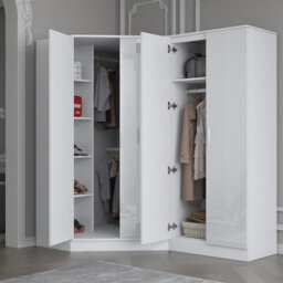 Reflect 2Pc Wardrobe Bundle - 2 Door Corner + 2 Door Plain - White Gloss & Matt White - H: 180Cm X W: 179Cm X D: 103Cm - thumbnail 2