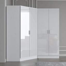 Reflect 2Pc Wardrobe Bundle - 2 Door Corner + 2 Door Plain - White Gloss & Matt White - H: 180Cm X W: 179Cm X D: 103Cm - thumbnail 3