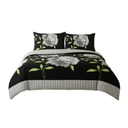 Reversible Floral Duvet Set Elegant Flower Stripe Pattern Bedding For Home Decor Black - thumbnail 2