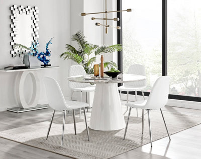 Furniturebox Palma White Marble Effect Round 4-6 Seater Pedestal Dining Table & 4 White Corona Faux Leather Silver Leg Chairs - image 1