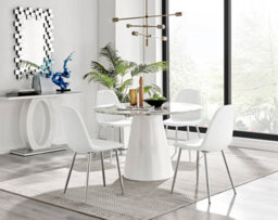 Furniturebox Palma White Marble Effect Round 4-6 Seater Pedestal Dining Table & 4 White Corona Faux Leather Silver Leg Chairs