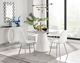 Furniturebox Palma White Marble Effect Round 4-6 Seater Pedestal Dining Table & 4 White Corona Faux Leather Silver Leg Chairs - thumbnail 4