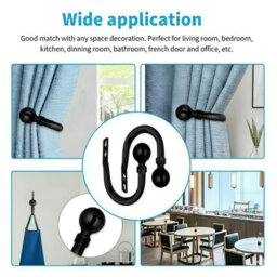 Oxford Homeware Satin Matte Black Effect Curtain Hold Back With Metal Ball Finials Heavy Duty Durable Wall Tie Backs Pair - thumbnail 3