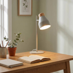 Happy Homewares Muted Dove Grey Scandinavian Designed Table Desk Lamp With Wooden Trim - thumbnail 6