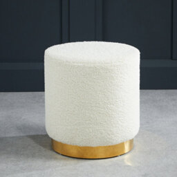 LPD Lara Small Pouffe White Boucle Fabric With Gold Base Circular Footstool H43 W40.5 D40.5Cm
