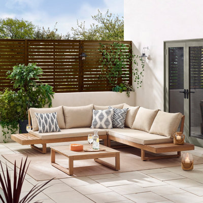 Furniturebox Brisa Wooden Garden Sofa Set - Solid Wood 6 Seat Corner L-Shaped Sofa & Coffee Table - Natural Patio Outdoor Sofa Set - image 1