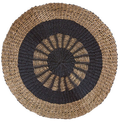 Round Seagrass Mat With Inner Sun Motif - Black & Tan, 1M - image 1