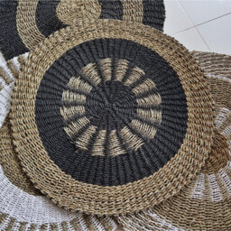 Round Seagrass Mat With Inner Sun Motif - Black & Tan, 1M - thumbnail 2