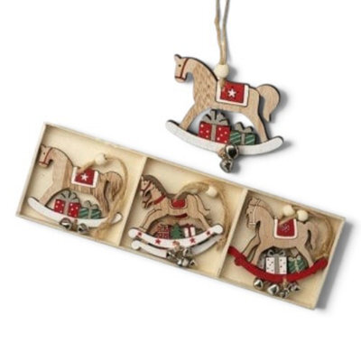 Heaven Sends Christmas Set Of 6 Wooden Rocking Horse Ornaments, 5.5 X 5.5 Cm, Wooden Gift Box