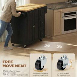 Black Kitchen Island On Wheels, Kitchen Storage Trolley With Drop Leaf - thumbnail 6